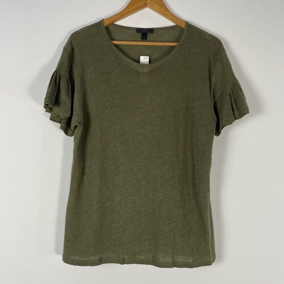 J. Crew Tops - J Crew Olive Green Linen Top Size XL NEW Flutter Short Sleeves Preppy